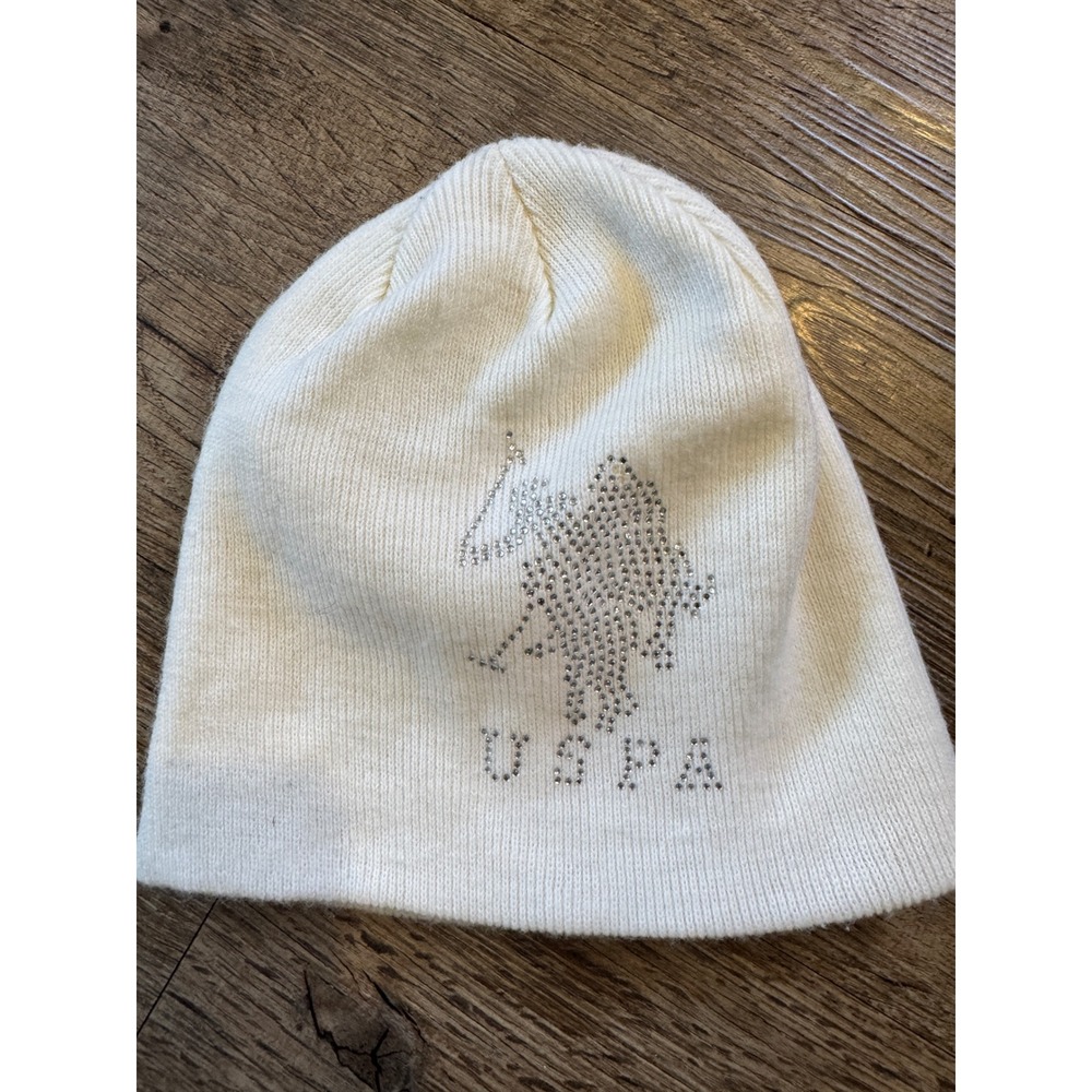 US Polo Assn Womens Beanie Hat Cream White Rhinestone USPA Logo Knit Cap